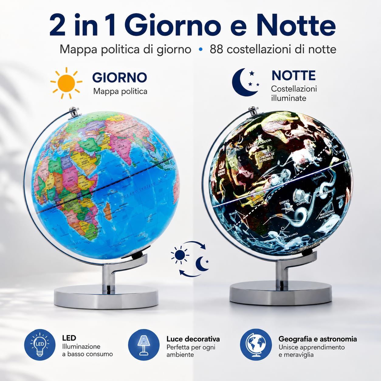 Exerz Mappamondo Illuminato 23cm Mappa Italiana Supporto Metallo LED | Modalità giorno notte con costellazioni senza fili per studio cameretta ufficio bambini dagli 8 anni e regali