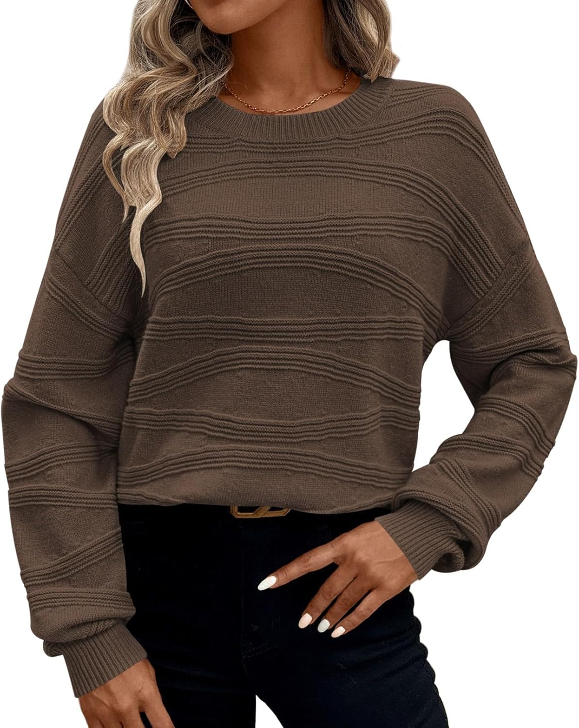 Pink Queen Womens Crew Neck Long Sleeve Ribbed Knit Pullover Tops Loose Casual Sweater Jumpers Fashion Trendy 2026