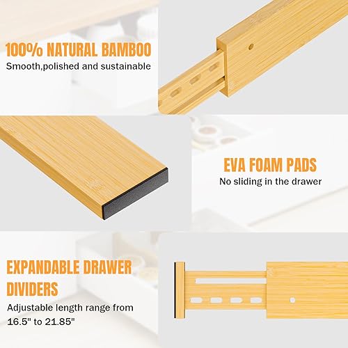 Miniatura 8 de Separadores de cajones de bambú de 4 pulgadas de alto, 16.5-22 pulgadas ajustables para ropa, separadores de aparadores expandibles en dormitorio,