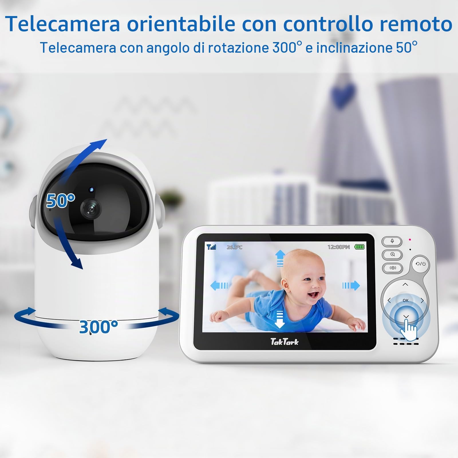 TakTark Baby Monitor, Videocamera schermo da 4.3'' Remota Direzionale Baby Monitor Video e Audio 1750mAh Supporto Batteria Ricaricabile VOX Visione Notturna Visione di Temperatura