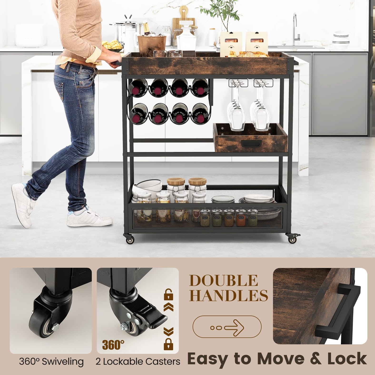 KOMFOTTEU Carrello da cucina industriale a 3 livelli, carrello di servizio con portabottiglie, portabicchieri e vassoio estraibile, carrello ausiliario in legno con ruote, per sala da pranzo, bar, 88