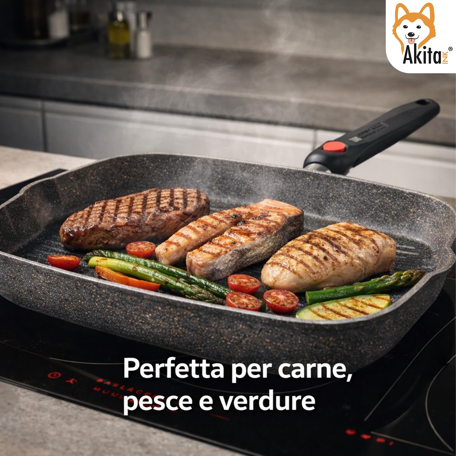 AKITAInk Bistecchiera Antiaderente Effetto Pietra - Grill per Carne e Verdure, Salvaspazio, Disponibile in Diverse Misure, Ideale per Uso Quotidiano (Bistecchiera Cuore di Pietra 33x26 cm)