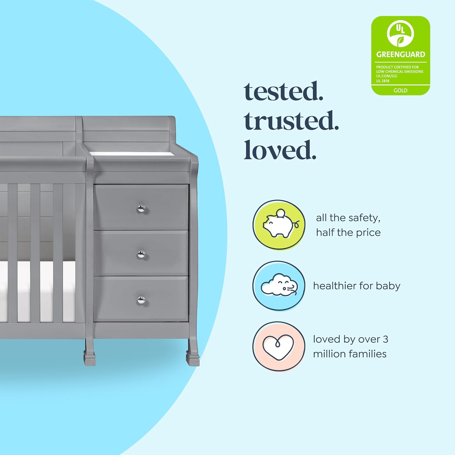 Davinci Kalani 4-in-1 Convertible Baby Crib & Changing Table Combo - GREENGUARD Gold Certified - Toddler Bed, Daybed, Full-Size Bed Conversion - 4 Adjustable Mattress Heights - Gray