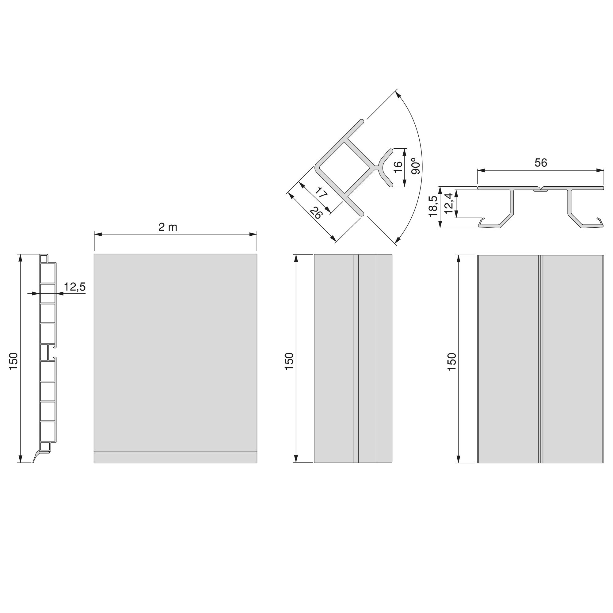 Emuca - Kit de zócalos para cocina, con accesorios de unión, altura 150 mm, 2 barras de 2,35 m, plástico, anodizado satinado.