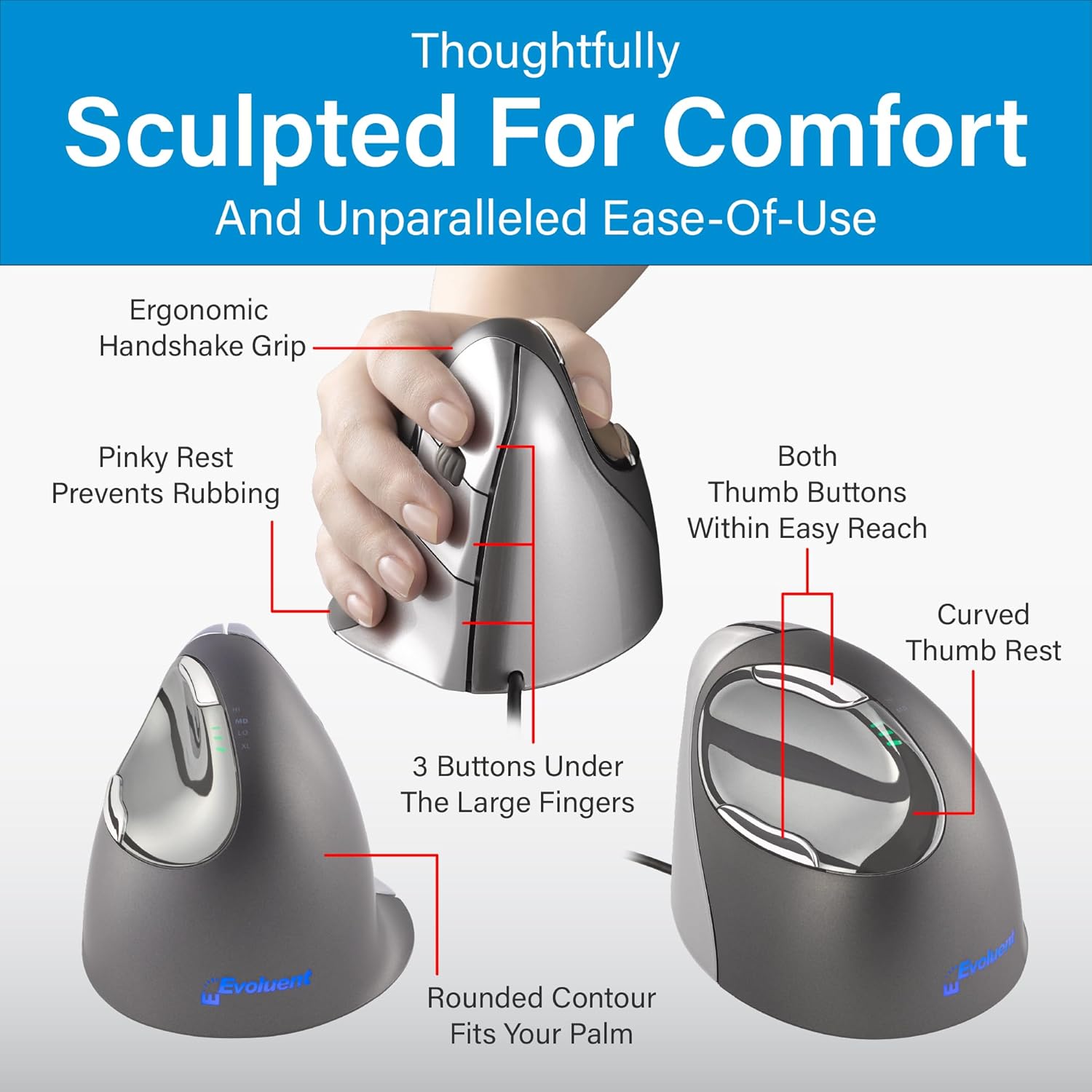 Evoluent – World's Original Vertical Mouse, Wired Ergonomic Mouse for Right Hand, Medium to Large, Helps with Carpal Tunnel and Wrist Strain, Customizable 6 Buttons, 4 Speed Settings, Comfortable Grip