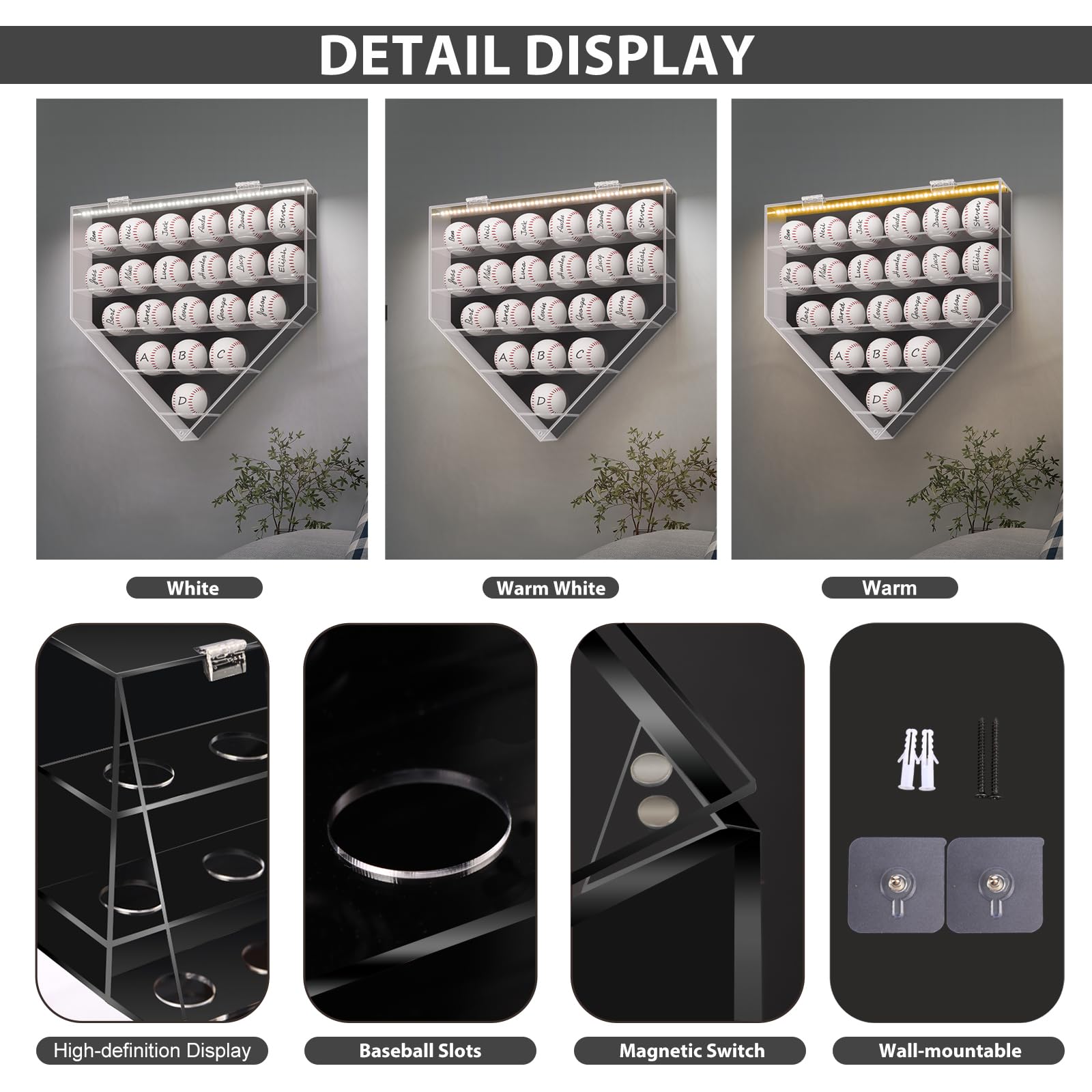 Vitrina acrílica para béisbol, caja de sombra montada en la pared para béisbol, pickleball, tenis, soporte extraíble, caja de exhibición de autógrafos de recuerdos para 21 bolas (negro)