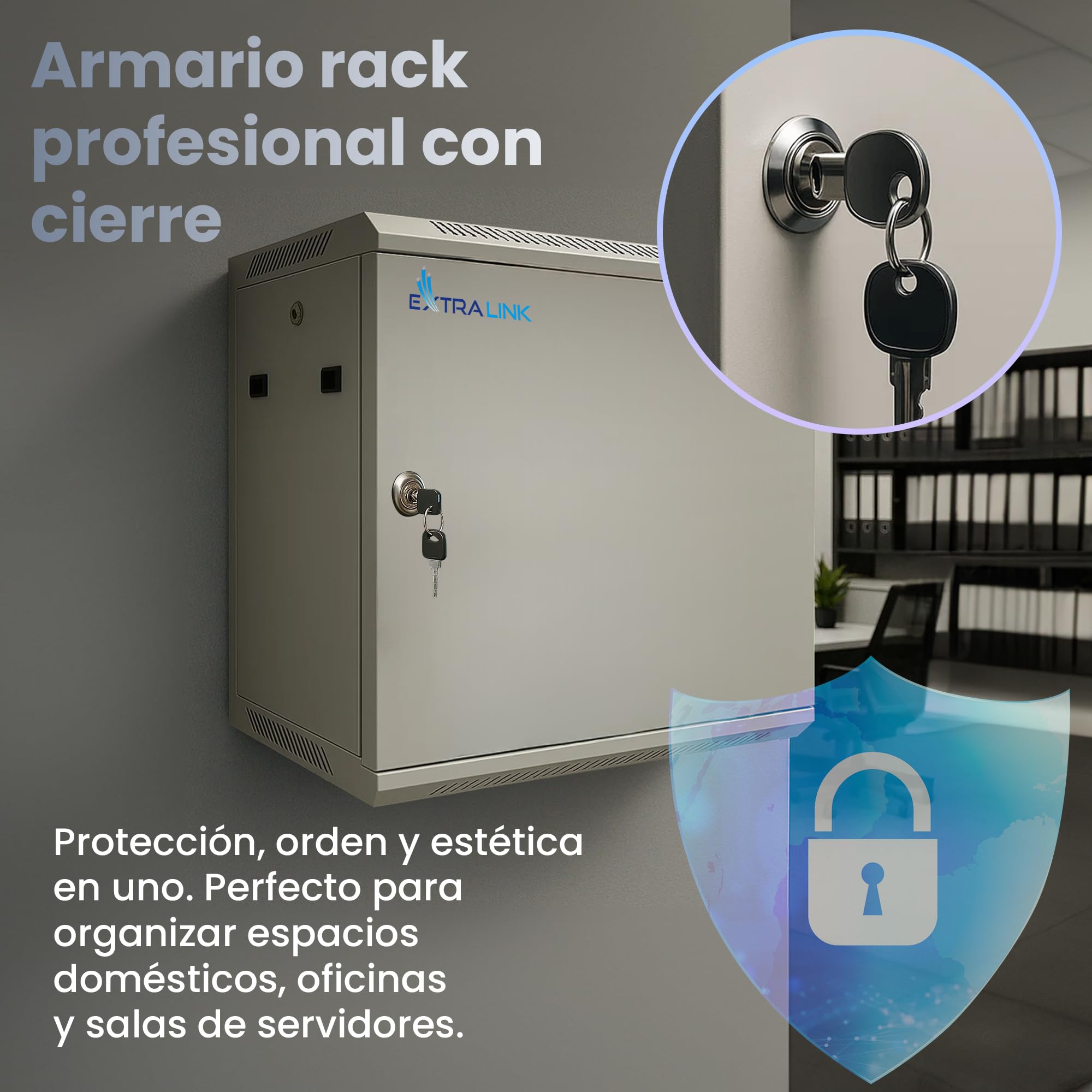 Extralink Armario Rack de 19" 12U - Armario de Red de 600mm, para Montaje en Pared o Suelo, hasta 60 kg, Puerta de Metal, Apertura de 180° Gris - para Red doméstica y Equipos informáticos