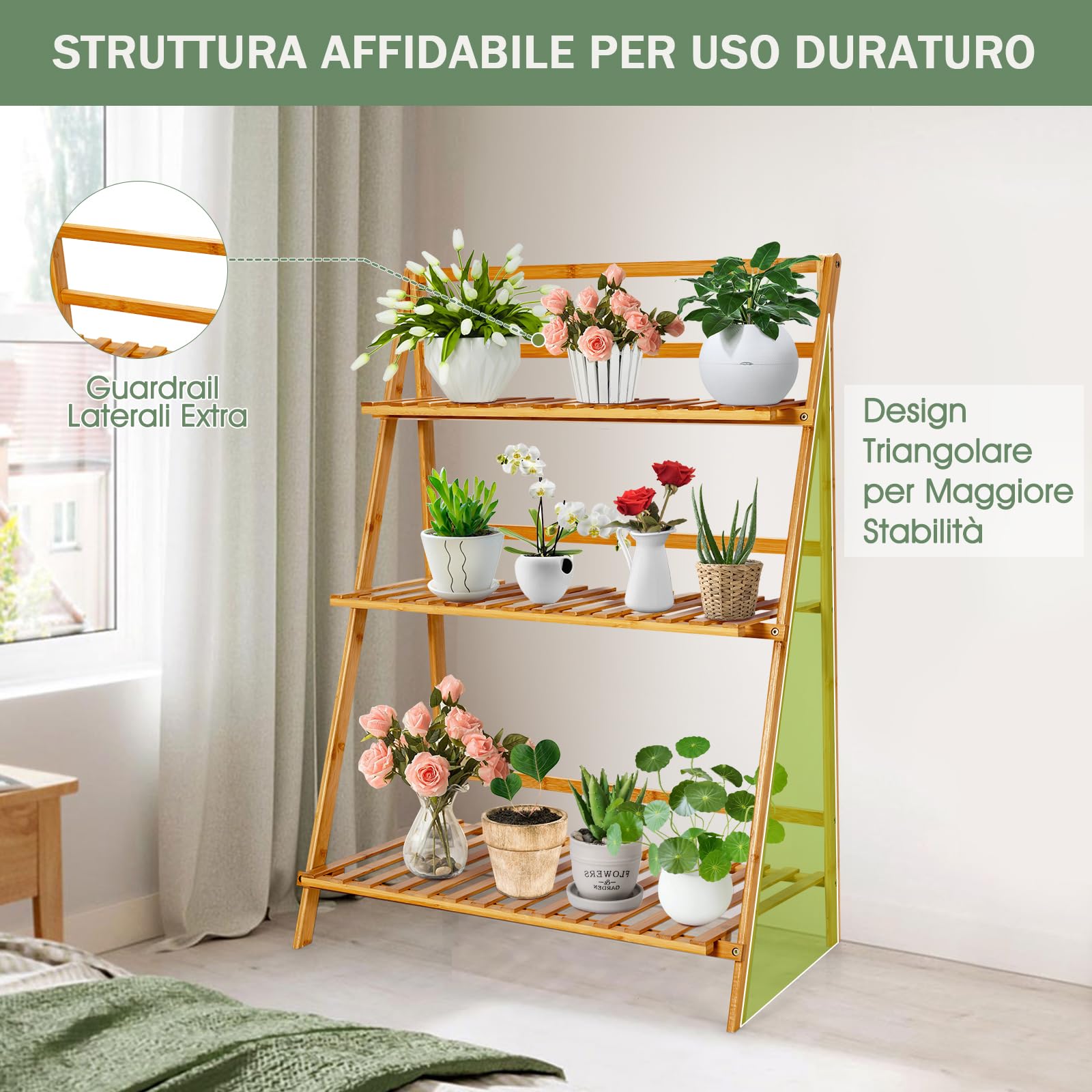 Scaffale Per Piante In Bambù A 9 Livelli, Porta Fiori Da Interno Ed Esterno Porta Vasi 2 In 1 Con Barra E Dispositivo Antiribaltamento 167 X 30 X 166 Cm