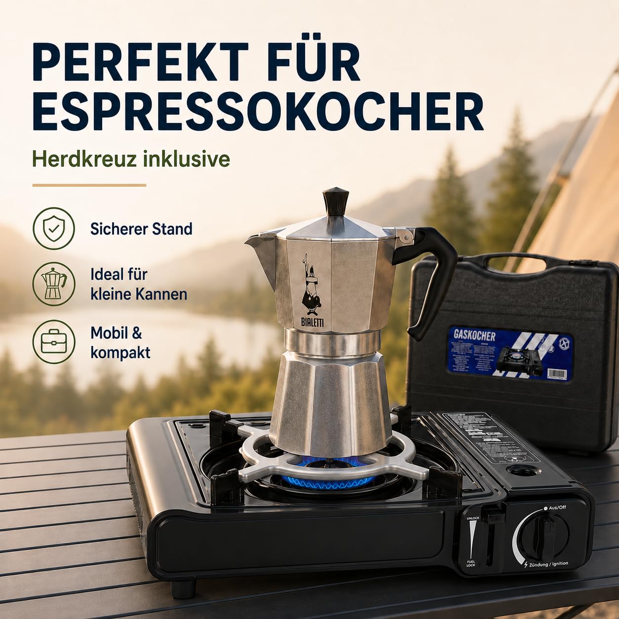 TruWare Camping Gaskocher für MSF-1A Kartuschen und Reduzierkreuz | 2,3 kW Leistung, CE geprüft, für Festival, Picknick oder Stromausfall