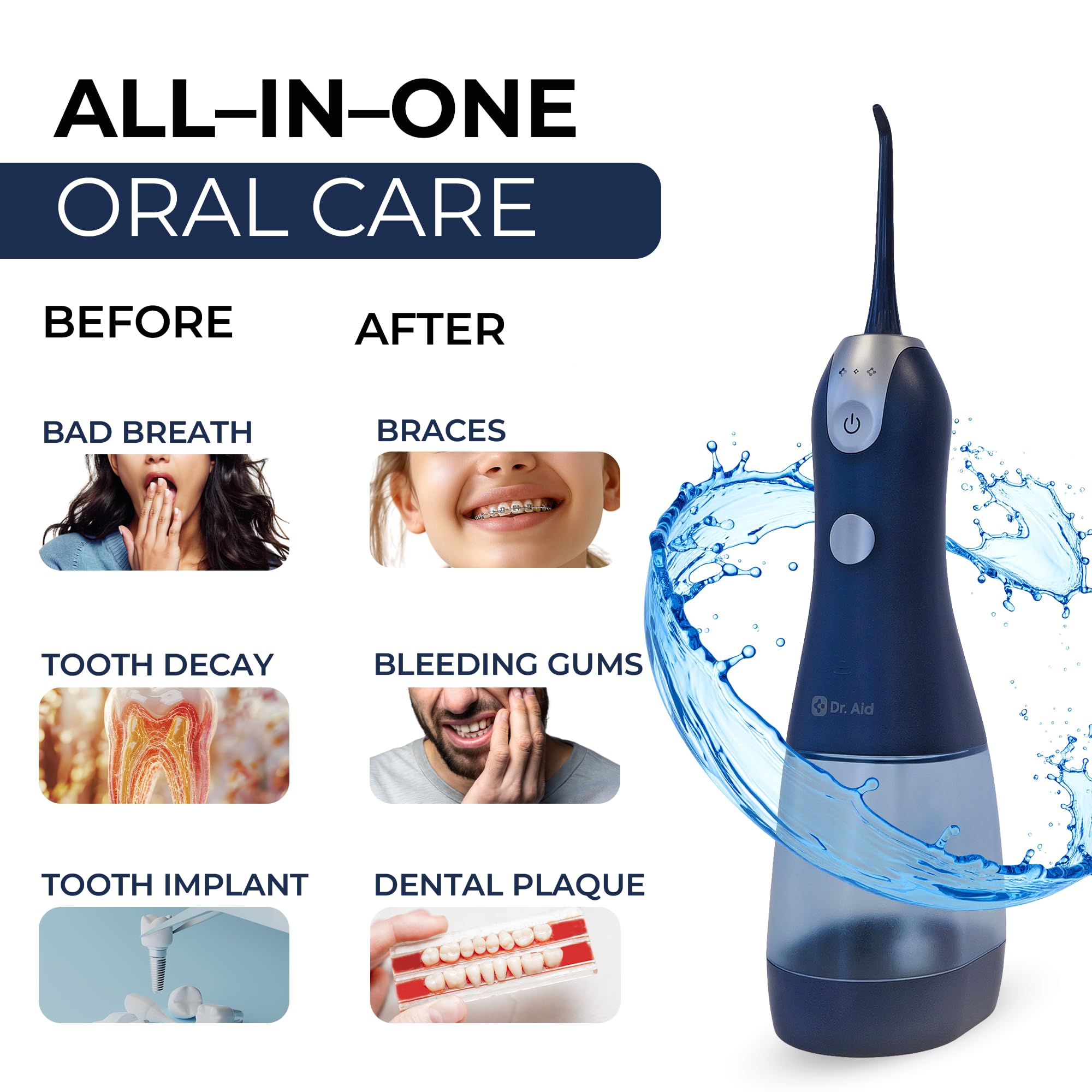 Dr. Aid Hydropulseur dentaire – Irrigateur buccal portable – Réservoir de 325 ml, filtre à eau, 5 embouts, chargeur magnétique – Hydropulseur sans fil étanche IPX8, idéal pour les dents, les gencives