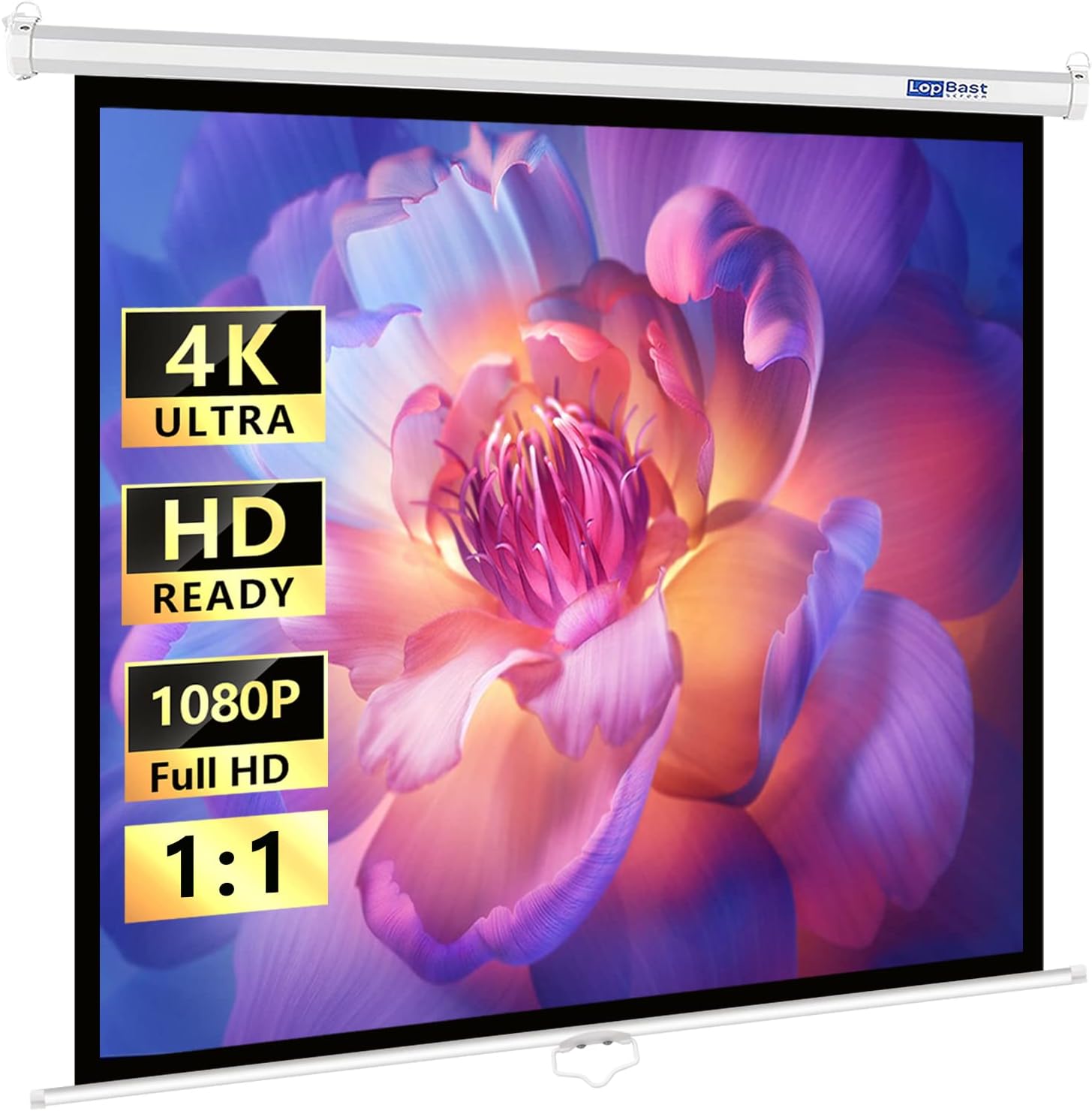120-INCH Manual Pull Down White Projector Screen 1:1 1.2 Gain Retractable Auto-Locking 4K 8K 3D Ultra HD for Home Theater Movie Office Game Projection Screen with Slow Retract Mechanism