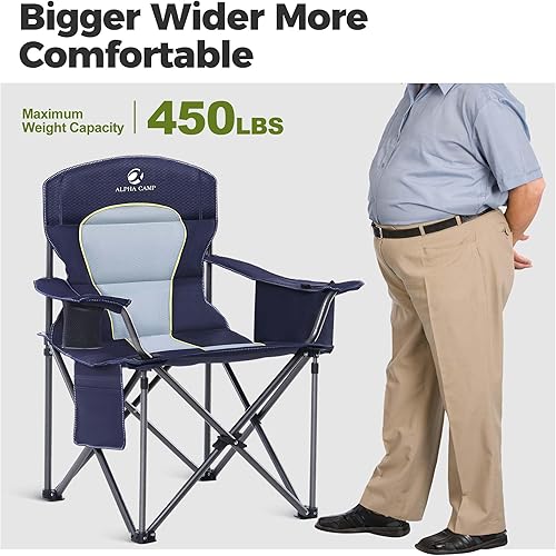 Miniatura 3 de ALPHA CAMP Silla de camping de gran tamaño, silla de césped resistente con soporte de bolsa enfriadora de 450 libras, marco de acero plegable, con