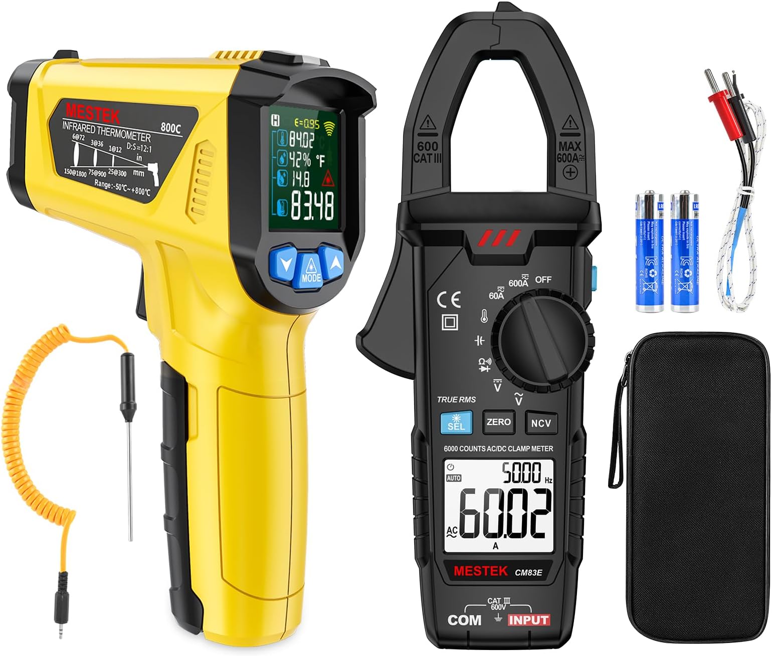 MESTEK Digital Clamp Meter Multimeter TRMS 6000 Counts Voltage Tester Amp Volt Meter & MESTEK Infrared Thermometer Gun with Color LCD for Cooking -58°F to 1472°F(-50~800°C)