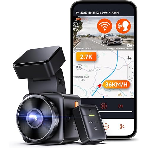 Vantrue E1 2.7K WiFi Mini Dash Cam, Voice Control Front Car Dash Camera with GPS&Speed, Super Night Vision, Wireless Controller&App, 24 Hours Parking Mode, Buffered Motion Detection, Support 512GB Max