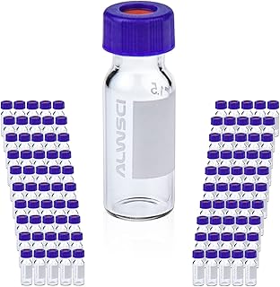 ALWSCI 2ml 9mm HPLC Vial, Clear Autosampler Vial, 1.8ml BorosiliGlass Sample Vial with Graduation, 9-425 Type Screw Threaded Vial, Blue Screw Cap with Hole, White PTFE&Red Silicone Septa, 100 of Pack