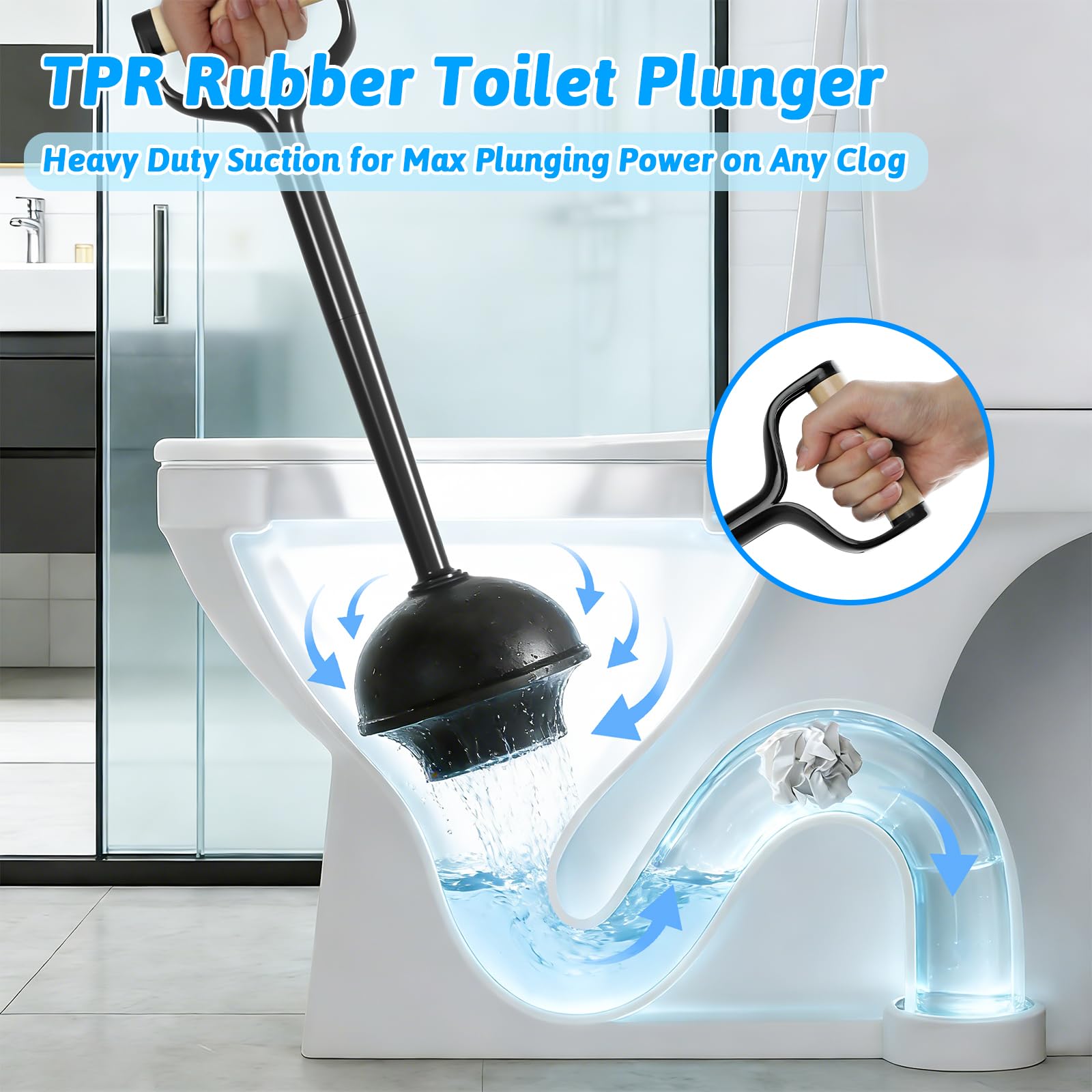 Sellemer Toilet Brush and Plunger Set, Curved Design Head for Deep Cleaning, Heavy Duty Toilet Bowl Brush and Plunger Combo with Holder for Bathroom Cleaning, Black, 2 Pack - 4