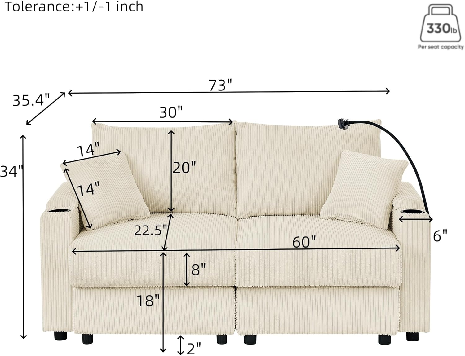 73''W Corduroy Sofa for Living Room, Comfy Couch with Storage Armrest, Two Cup Holders, Loveseat Sofa with Medium Firm Seat Cushion, Corduroy Couches for Apartment (Beige, No Ottoman)
