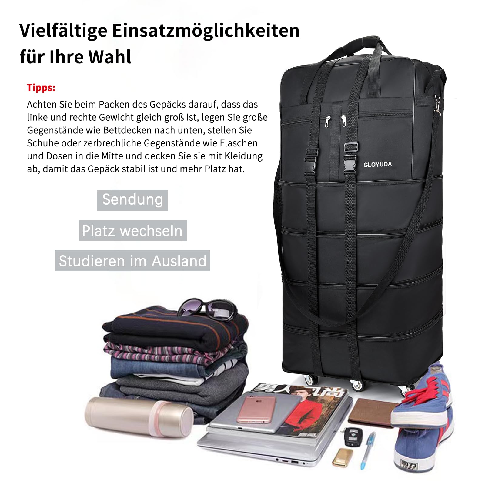 Bolsa de viaje plegable con ruedas, 108,5 cm, bolsa de viaje grande, bolsas de viaje de 125 l, plegable, bolsa de ropa, bolsa de equipaje de mano plegable con una funda para el hombro, bolsa