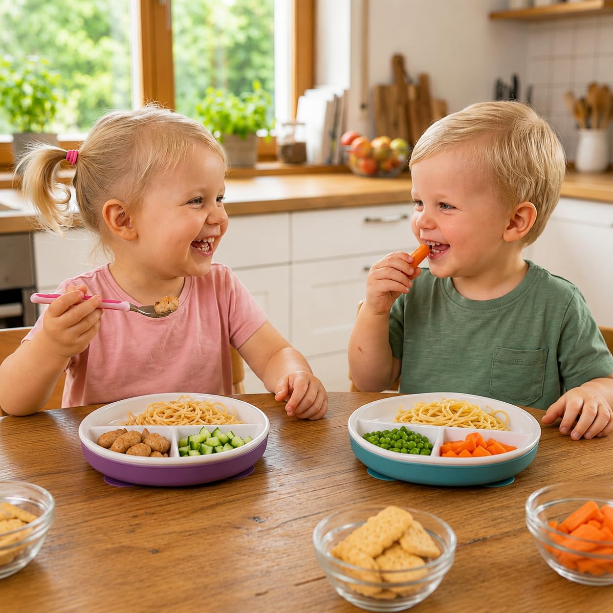 Hochwertiger Kinderteller/Babyteller aus gehärtetem, robustem Porzellan mit Schutz aus elegantem Silikon und rutschfesten Saugnäpfen; ideal auch als Teller für Camping, Wohnmobil und Boot