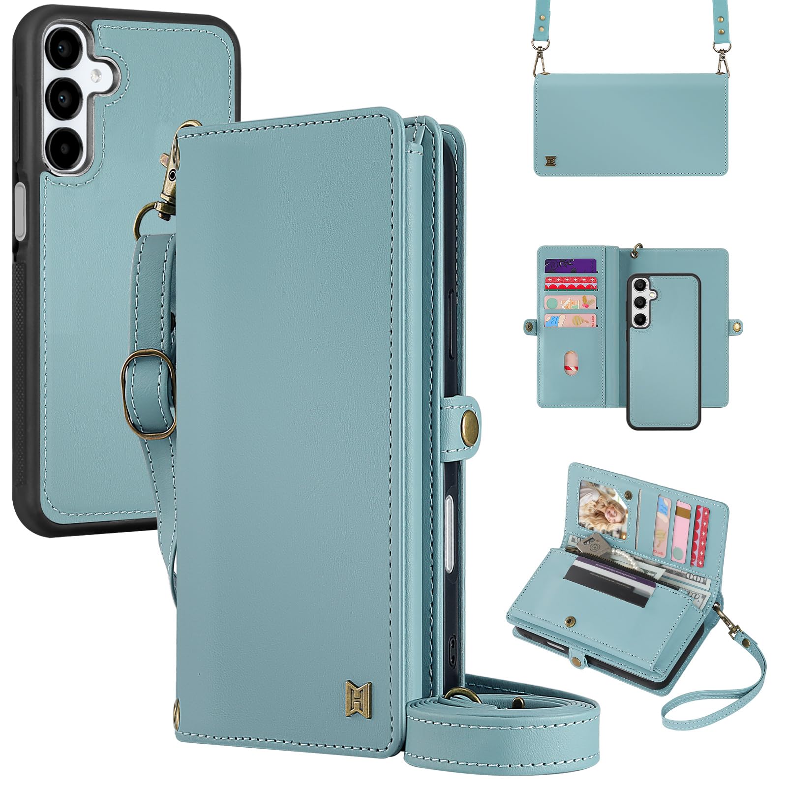 MEGSHI for Wallet Case Compatible with Samsumg Galaxy A16 Multi-Function Detachable 2 in 1 Magnetic Phone Case Wallet,Flip Strap Zipper Card Holder