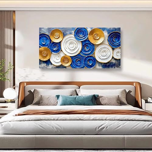40x20 Inch Blue Gold Abstract Wall Art, 3D Textured Modern