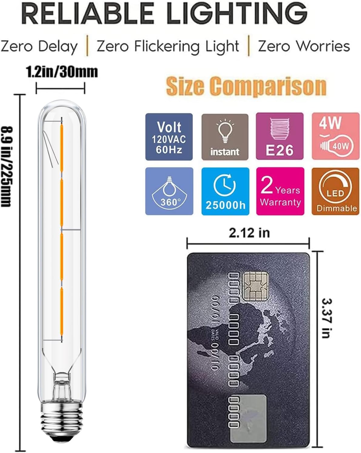T10 Led Long Bulbs,4W Dimmable Tubular Bulb,40 Watt Equivalent,E26 Edison Style Vintage LED Filament Light Bulb,3000K Soft White,8.9in(225mm),4-Pack.