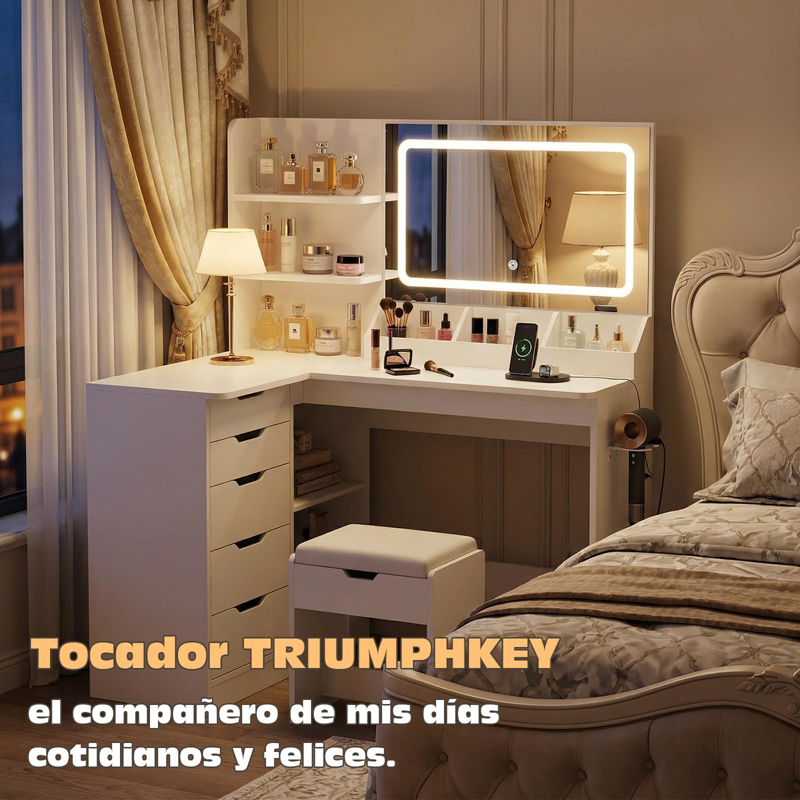 TRIUMPHKEY Tocador de Esquina con Espejo, Mesa de Maquillaje con Luces LED Brillo Ajustable con Enchufes, Soporte para Secador, 5 Cajones, Estante Abierto, Armario Lateral, Moderno, Blanco