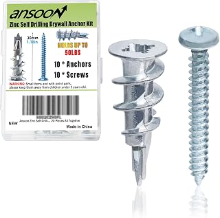 Ansoon Zinc Self-Drilling Drywall Anchors & Screws Kit - 10 Heavy Duty Anchors + 10 #8x1-1/4" Screws, Holds 75lbs, 20pcs for Mirrors, Shelves