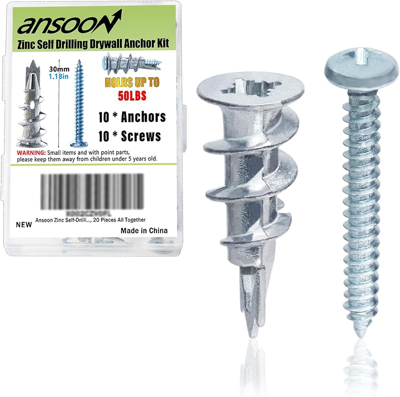 #8 Metal Zinc Self Drilling Hollow Metal Wall Anchors and Screws Kit | 10 No Pre Drill Hole Required Heavy Duty Drywall Anchors, 10 #8 x 1-1/4'' Screws for Drywall Hanging/Mounting-Hold Upto 75lbs