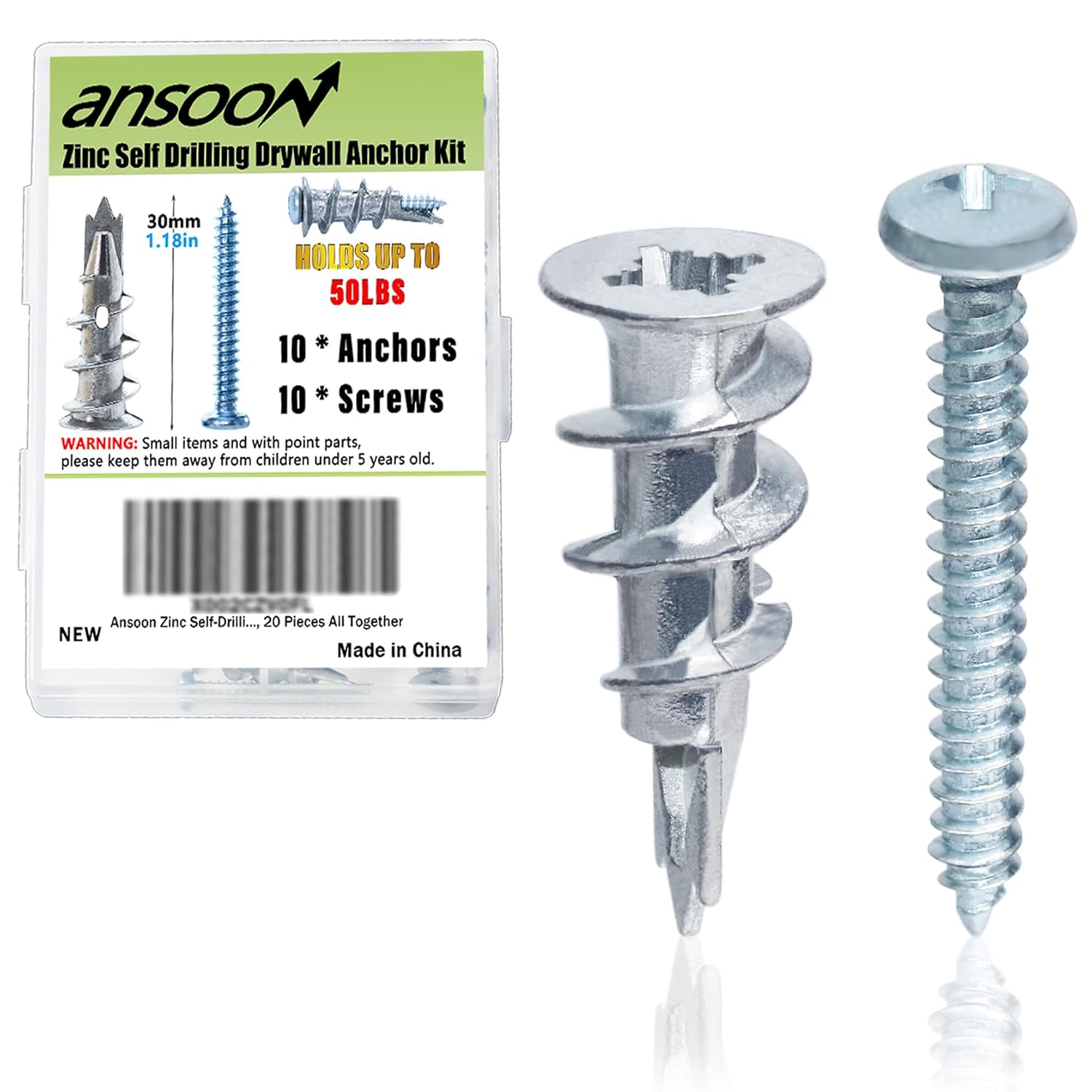 Ansoon Zinc Self-Drilling Drywall Anchors & Screws Kit - 10 Heavy Duty Anchors + 10 #8x1-1/4" Screws, Holds 75lbs, 20pcs for Mirrors, Shelves