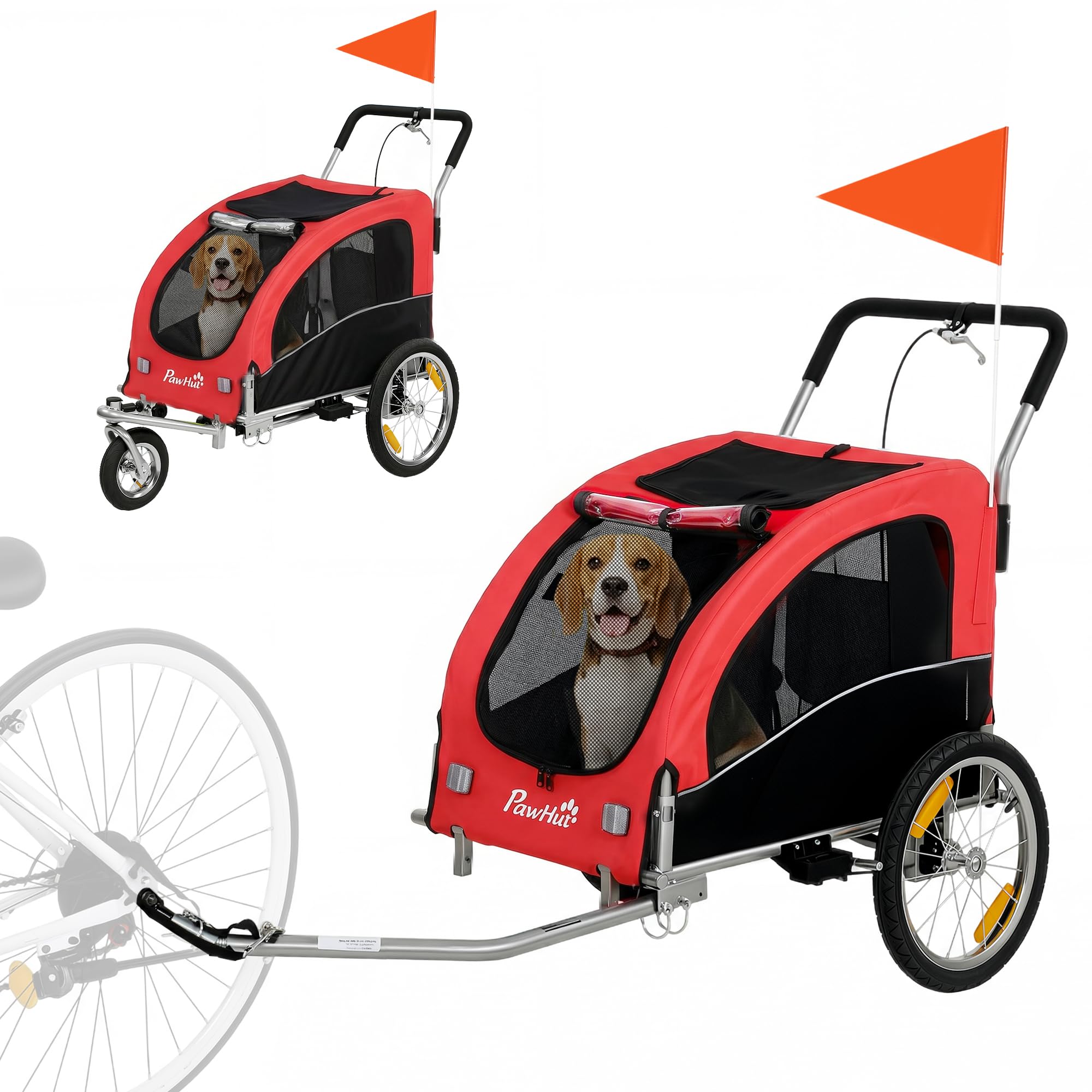 PawHut 2-in-1 Hundeanhänger für Fahrrad Hundebuggy für kleine & mittelgroße Hunde bis 20 kg Faltbarer Fahrradanhänger mit 600D Oxford, Reflektoren, Handbremse, Universelle Kupplung
