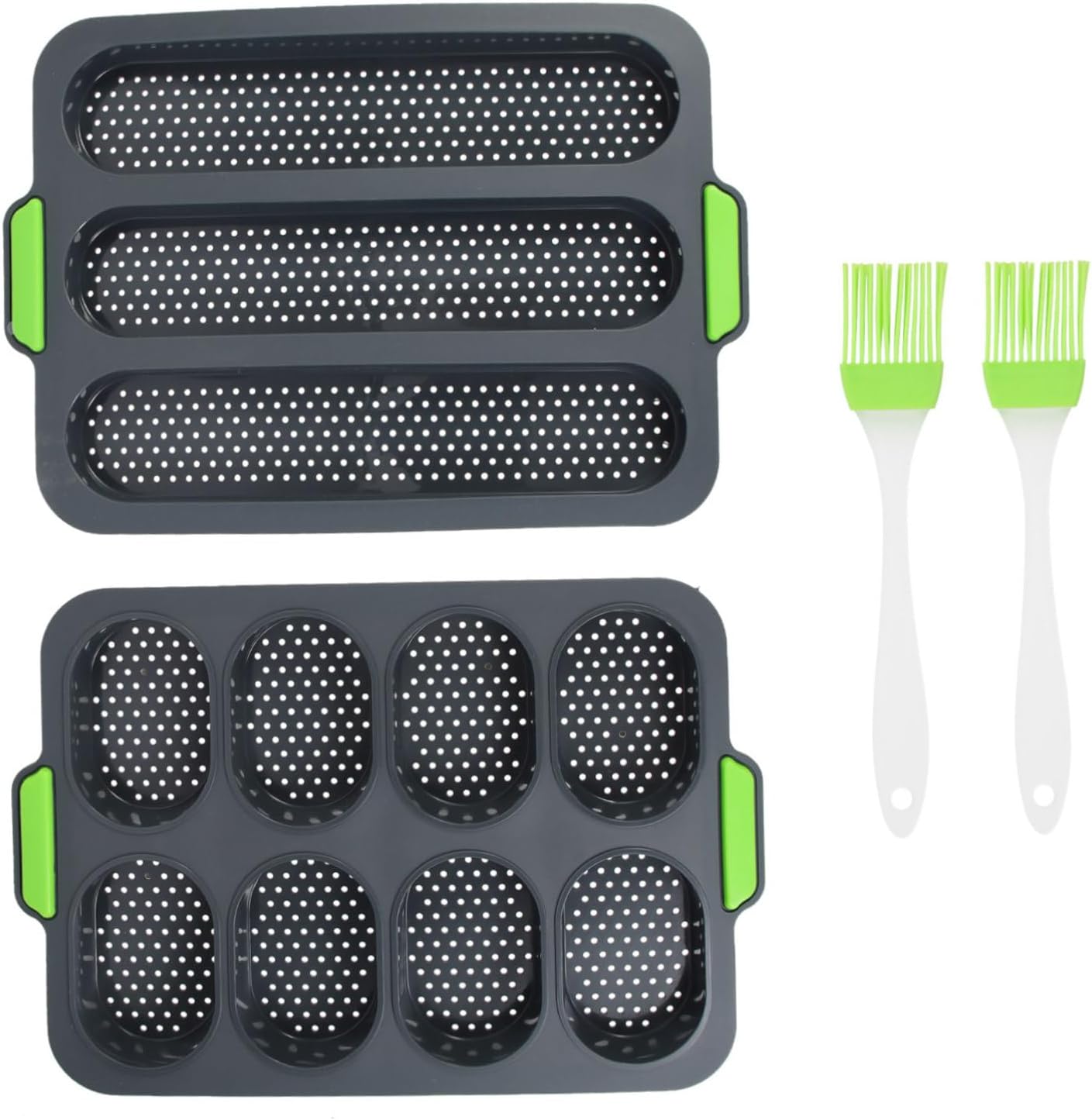 COLLBATH 4-Piece French Bread Molds Set Oval Cake Mould 8 Slots 3-Compartment Baguette Pan Brush for Baking Fresh Bread at Home