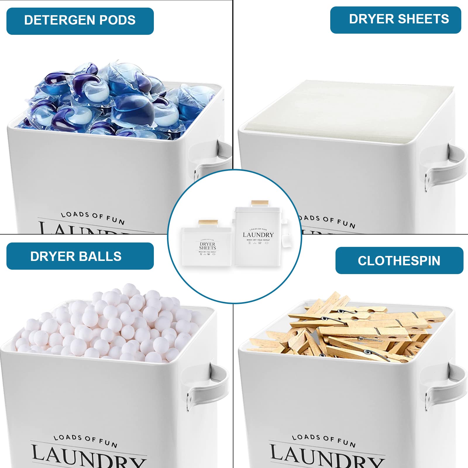 Laundry Pods Container and Dryer Sheet Holder Set,Laundry Powder Detergent Dispenser with Scoop,Soap Storage Container,Dryer Sheets Dispenser for Laundry Room Organization,Farmhouse Decor, Metal,White