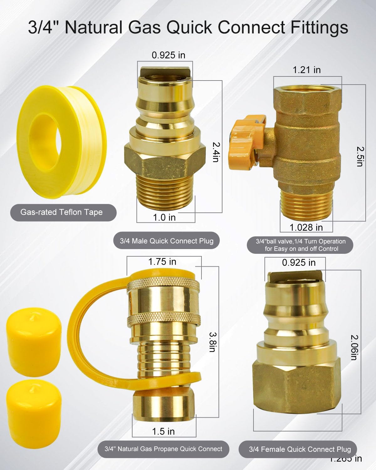 3/4" Natural Gas Quick Connect Fittings, Solid Brass Quick Connect Fittings Convert w/Gas Valve 3/4 Ball Valve Fit for Generators, Gas Grills, Fire Pits, RV, Etc Pipe Natural Gas Supply