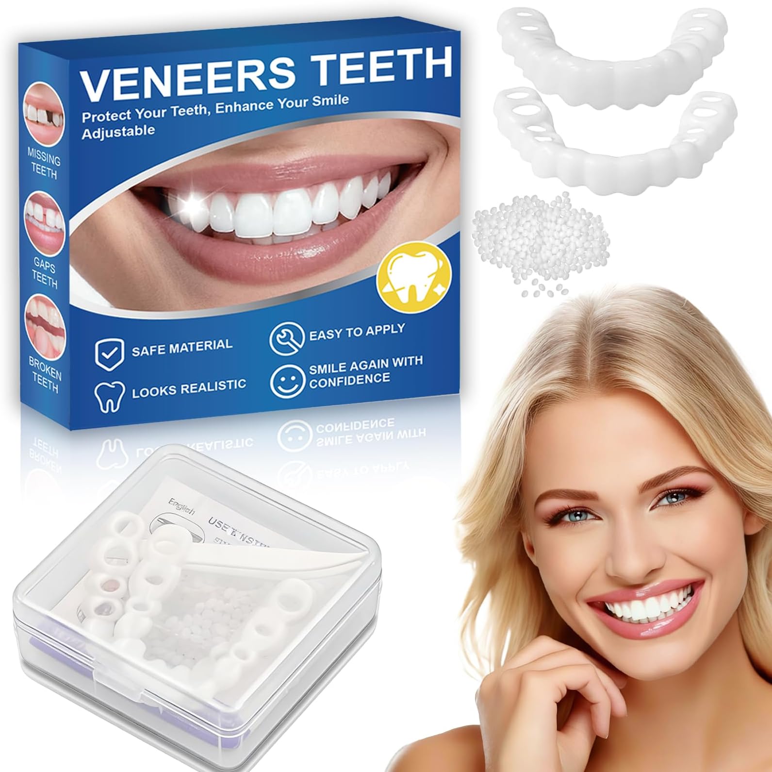 - Cosmetic Snap On Teeth Veneers for Women & Men, Moldable Temporary Smile Kit