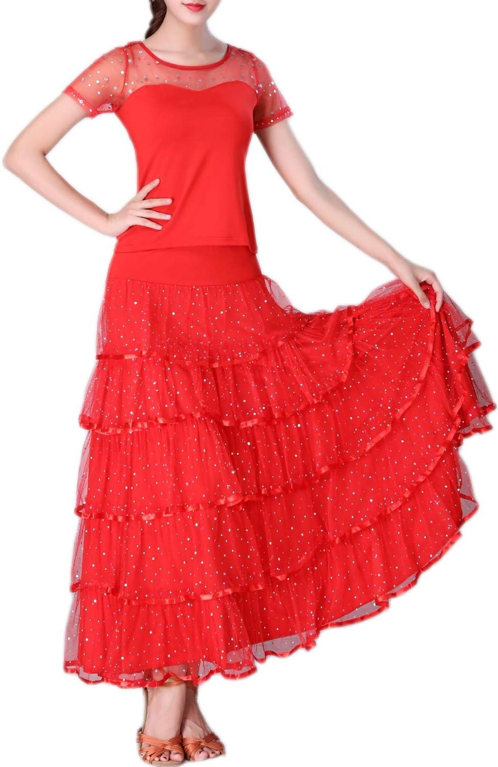 CISMARK Elegant Ballroom Latin Dance Party Long Swing Tiered Skirt for Women - Image 3