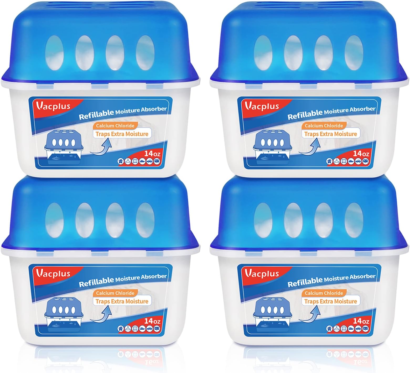 Vacplus Moisture Absorber Box - 4 Packs, 14OZ Reusable Dehumidifier for Closet, Unscented Moisture Absorbers for Rooms with Visible Dehumidification (Fragrance free)