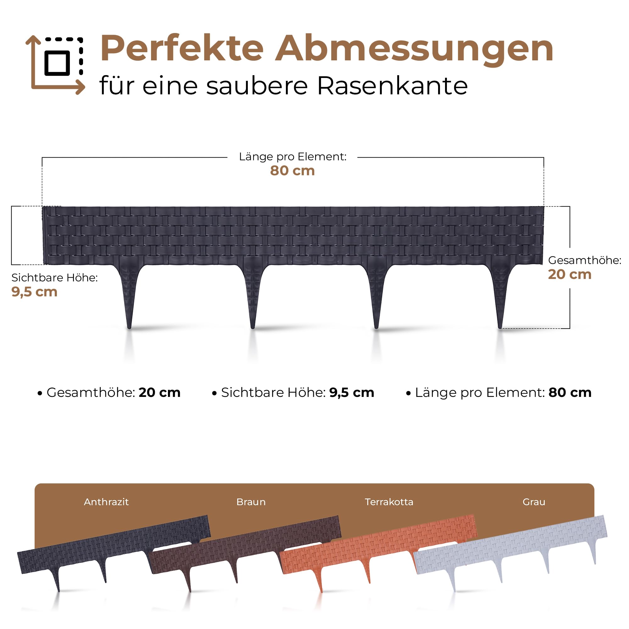 BOOGARDI Beeteinfassung Rattan-Optik · 8m Rasenkante Kunststoff Anthrazit · Beetbegrenzung in 4 Farben · Palisade Beetumrandung für Beet & Garten · Rasenkanten Beetabgrenzung Blumenbeet Umrandung