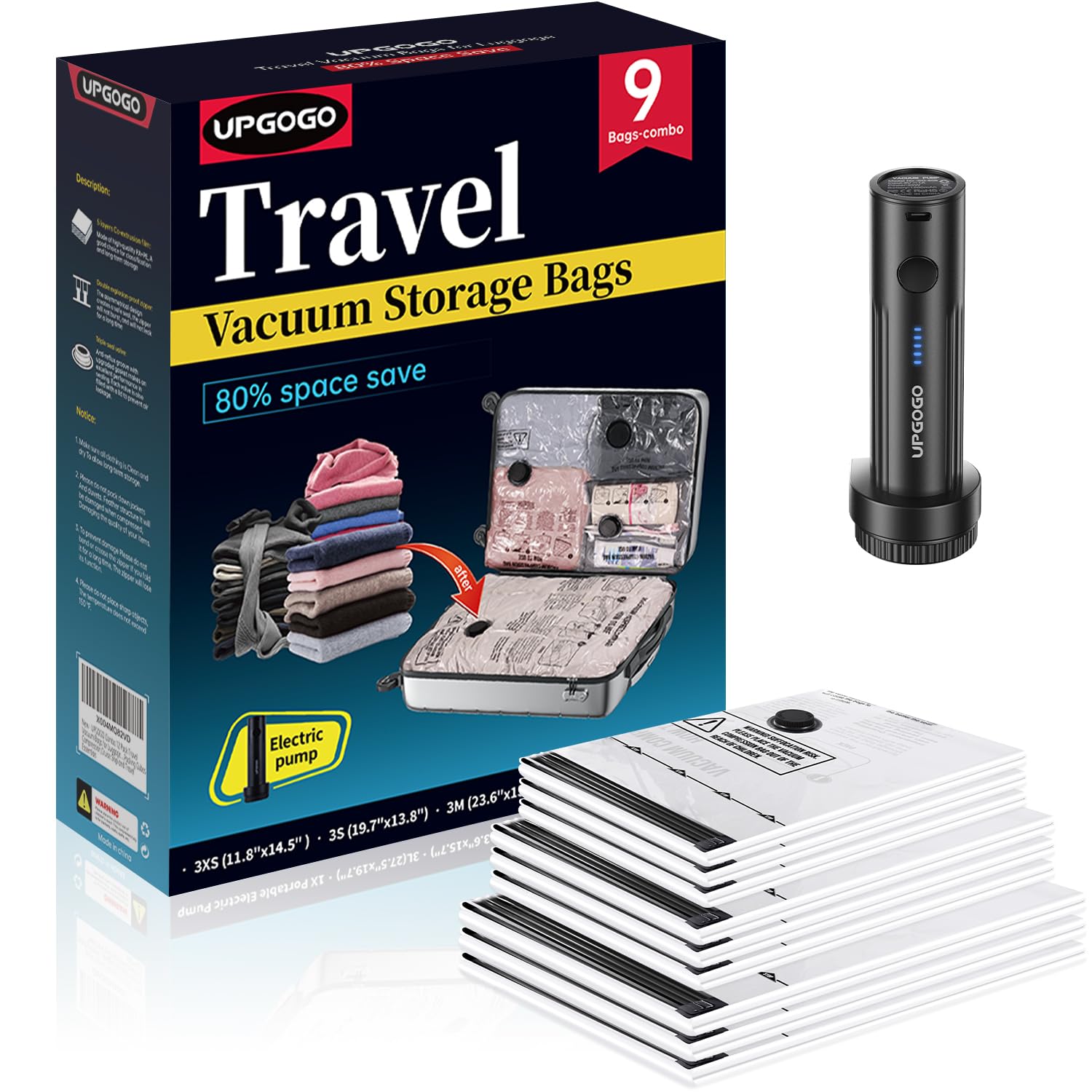 Travel Vacuum Bags for Luggage with Portable Electric Pump Vacuum Seal Bags for Clothing Packing Cubes Compression Cruise
