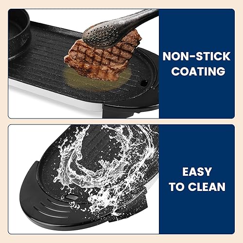 Miniatura 6 de Olla eléctrica con parrilla, 2200 W, cocina coreana Shabu Shabu para barbacoa, olla antiadherente 2 en 1 sin humo, control de temperatura separado,