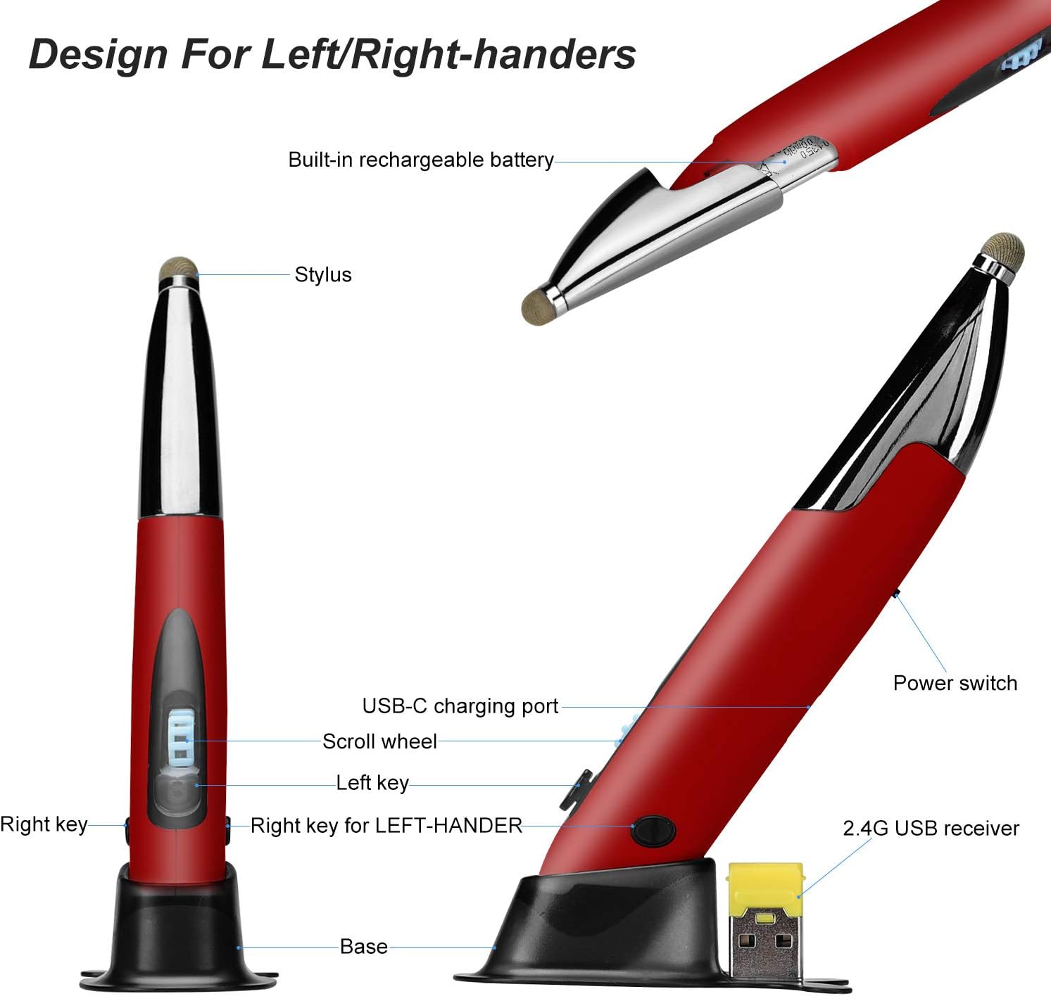 lychee Rechargeable Pocket Pen Mouse, Left/Right-Handed Wireless Optical Ergonomic Mouse with Stylus Function RGB Backlit Type-C & Micro USB Adapter for PC Laptop Notebook Mac (Red)