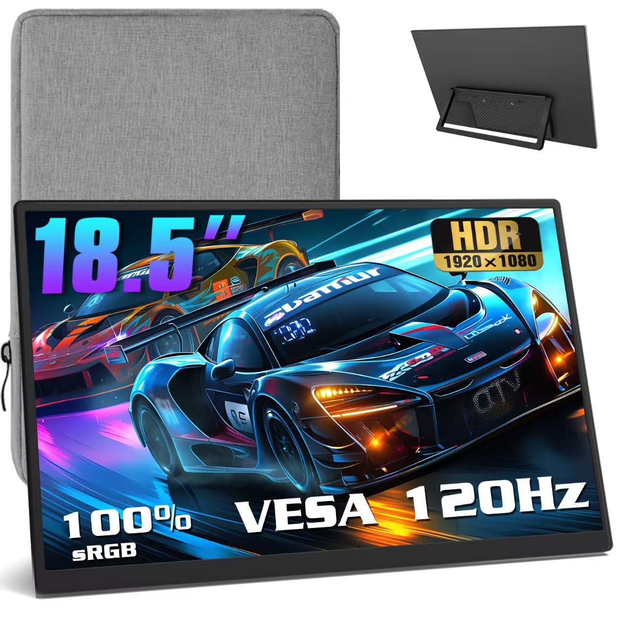 Monitor portátil portátil de 18,5 pulgadas, 120 Hz, 1080 p, 100% sRGB FHD HDR USB HDMI con VESA Ultra Slim Portable Monitor para ordenador portátil, conmutador, consolas de juegos