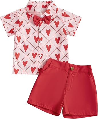 Toddler Baby Boy Valentines Day Outfit Cute Heart Print Button-up Bow Tie Shirt with Shorts 2 Pcs Set