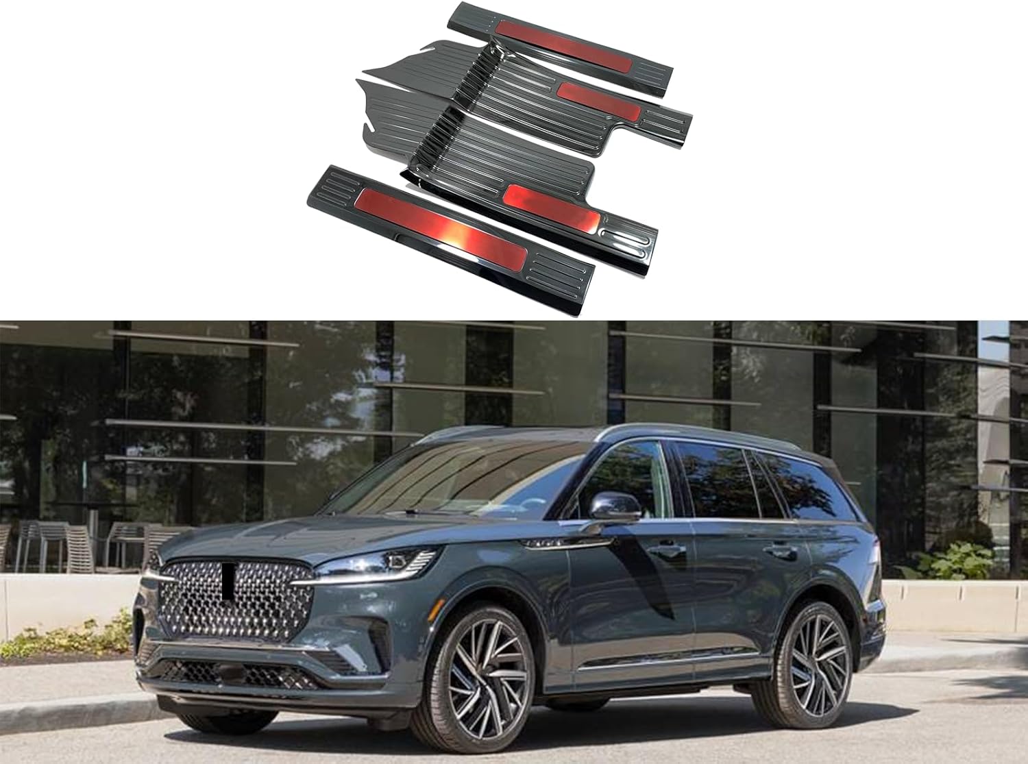 GZBFTDH Door Sill Trim Protector Compatible with Lincoln Aviator 2024 2023 2020, Accessories Stainless Steel Parts Protection Scuff Plate Cover Guard 2021 2022 2025 (Blue Logo)