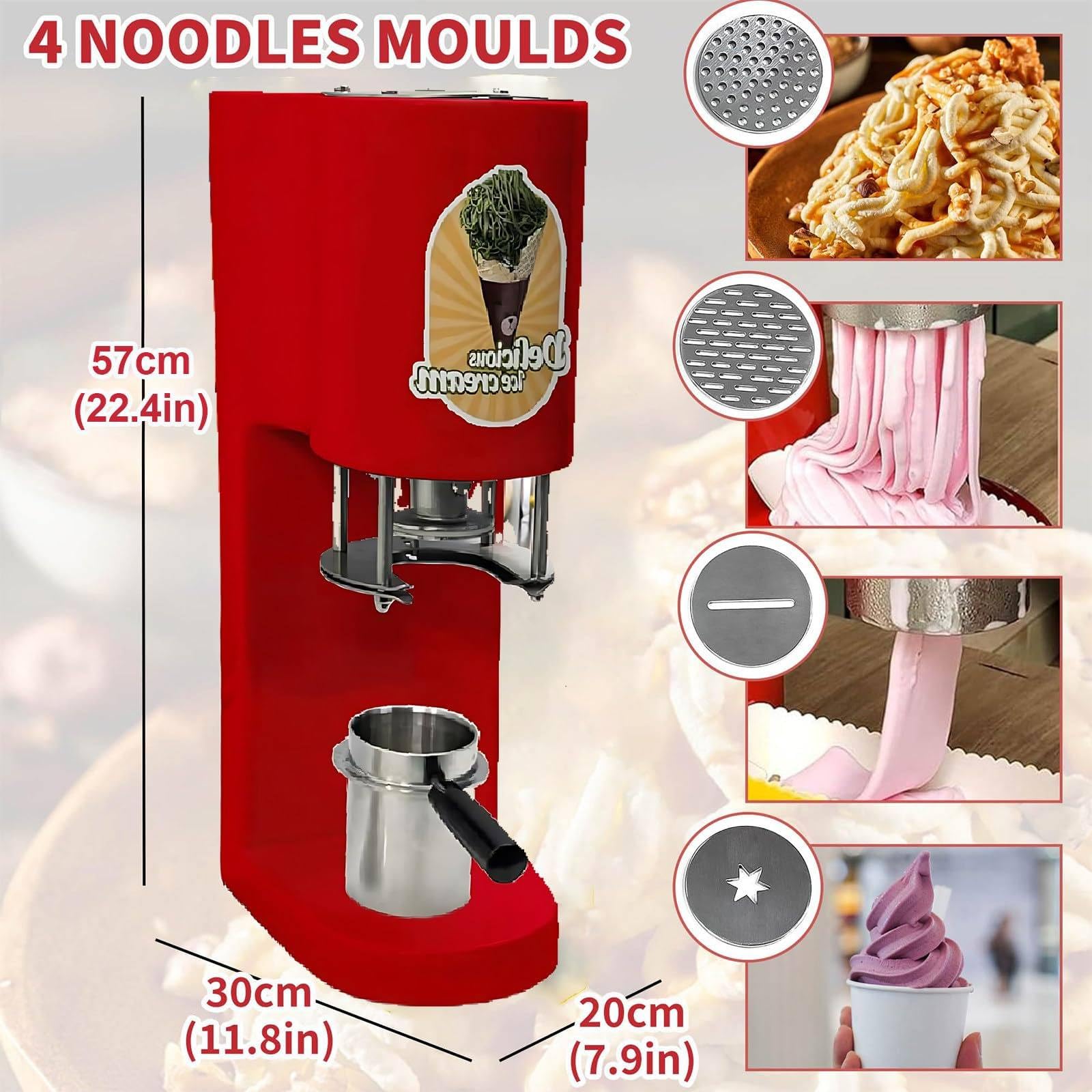 Soft Serve Ice Cream Maker 28–30L/H, 4 austauschbare Spitzen für Spaghetti, Bänder, Heimpartys, kleine Unternehmen