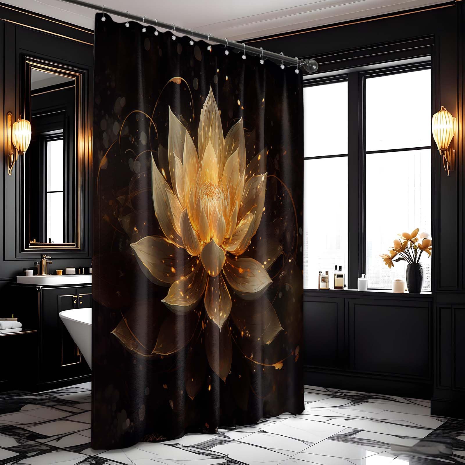 LanZanthic Lotus Shower Curtains for Bathroom Black and Gold Floral Spa Zen Wet Room Shower Curtain with hooks - Image 2