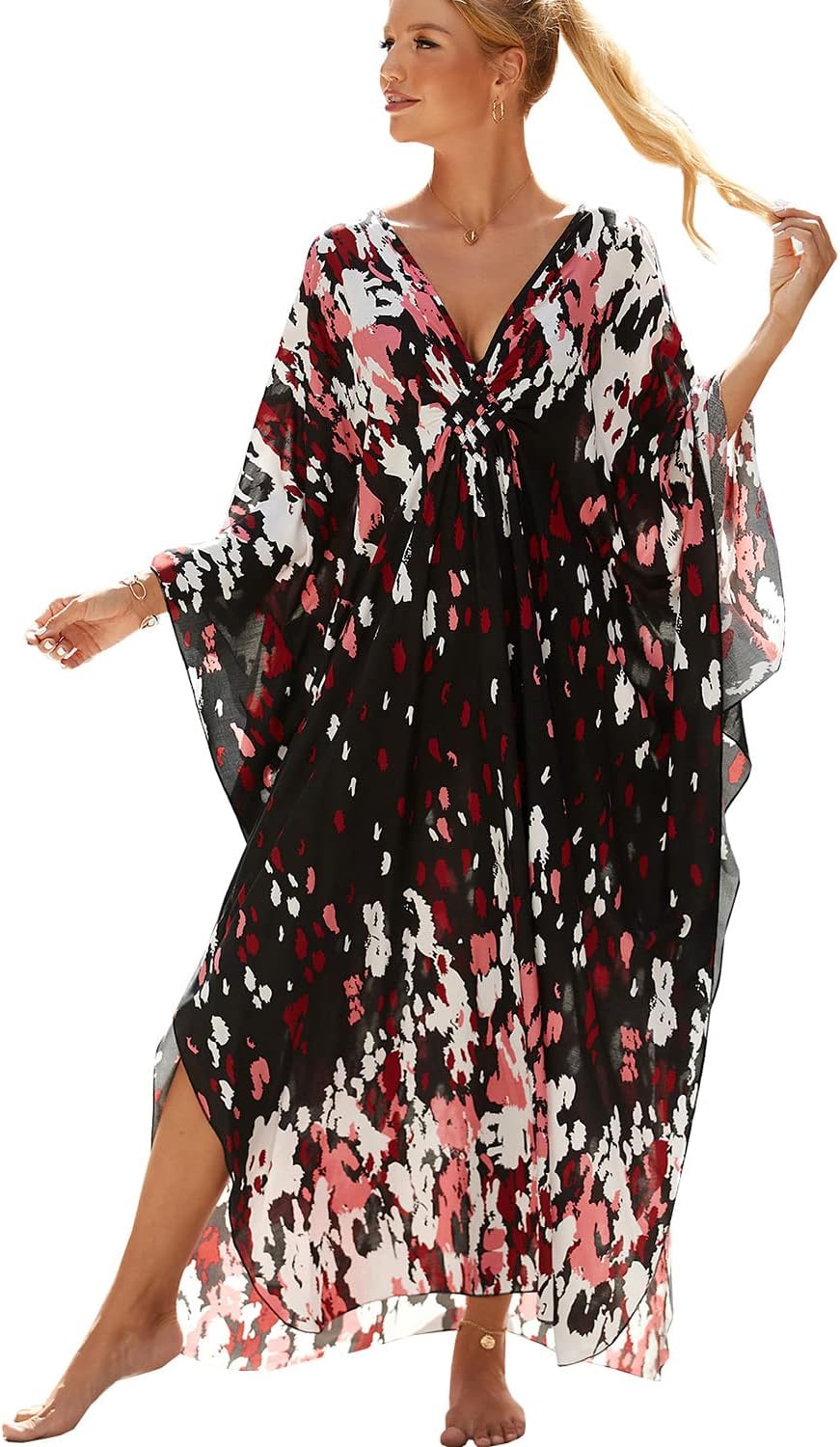 LikeJump Damen Boho Kimono Lang Kaftan Kleid Strandkleider Cardigan Pareo Bikini Cover Ups