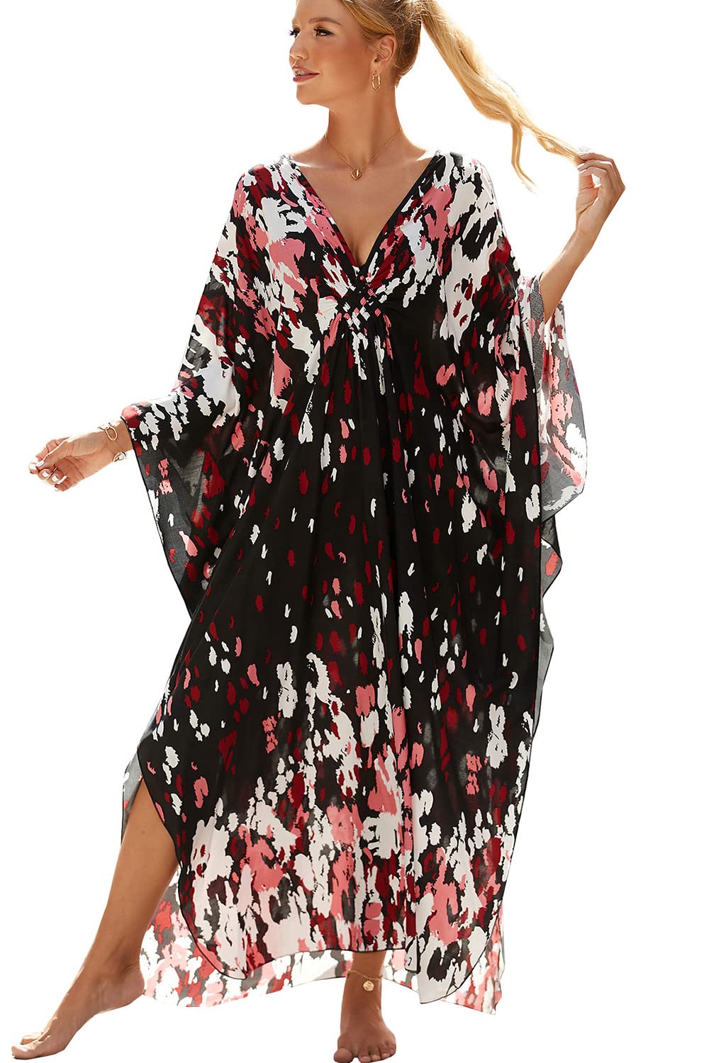 LikeJumpLikeJump Damen Boho Kimono Lang Kaftan Kleid Strandkleider Cardigan Pareo Bikini Cover Ups