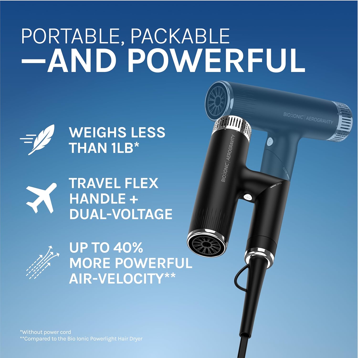Bio Ionic AeroGravity Featherlight Hair Dryer, Foldable Handle, Reduces Frizz & Static, Compact, Ultra-Lightweight Blow Dryer, Dual Voltage, Includes Diffuser & Concentrator Nozzle, Travel Essentials