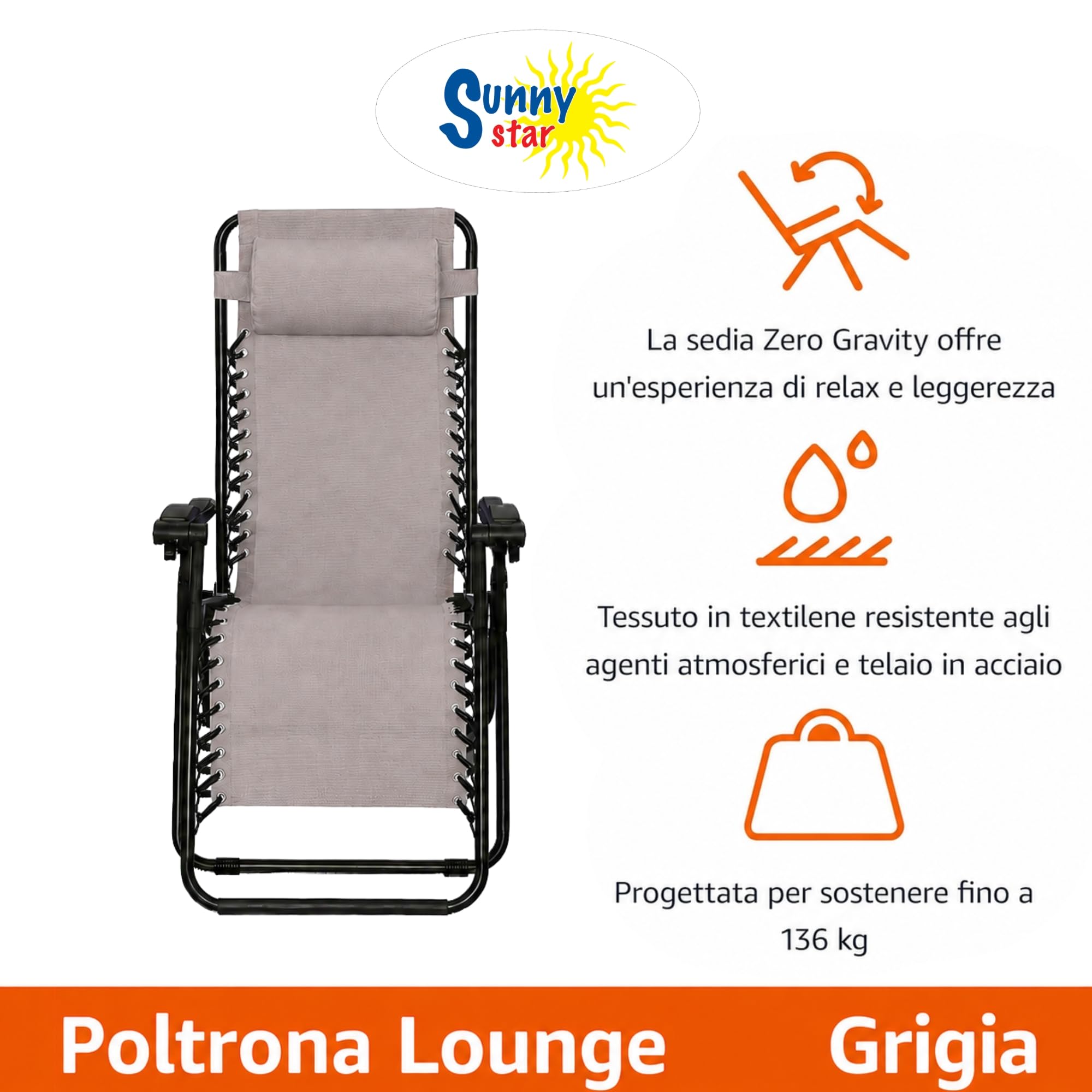 SUNNY STAR 2 Sedie Zero Gravity 115x65x90cm colore grigio (2 STC1438)